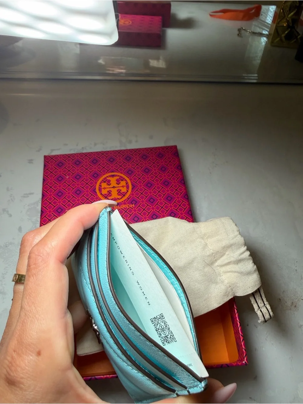 Tory Burch Sky Blue Quilted Leather Card Case with Logo